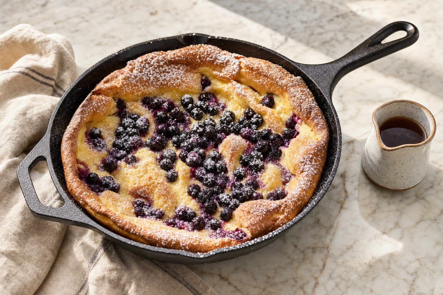 Huckleberry Dutch baby in a cast-iron skillet