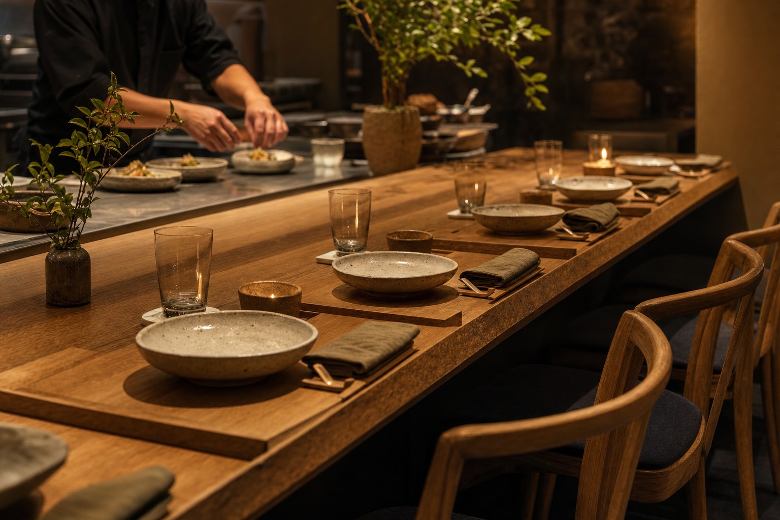 Chef counter set for an evening tasting