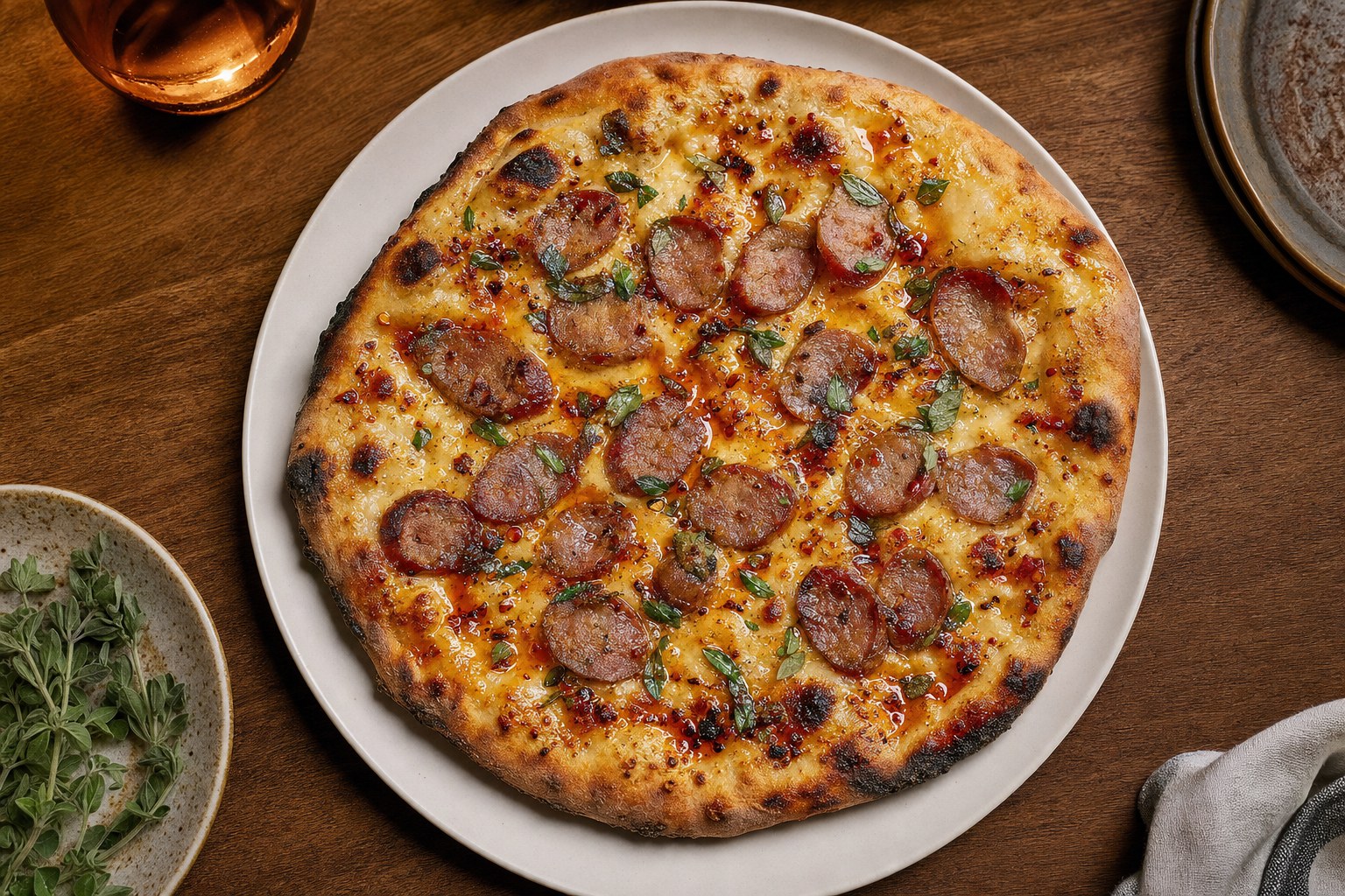 Wood-fired sausage, chili and honey flatbread