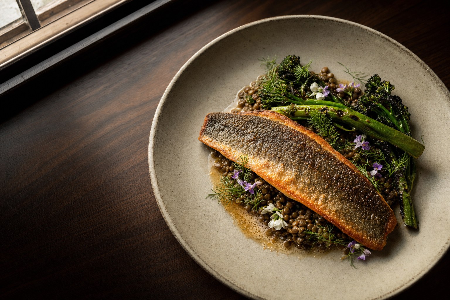 Pan-seared Idaho rainbow trout with brown butter and broccolini